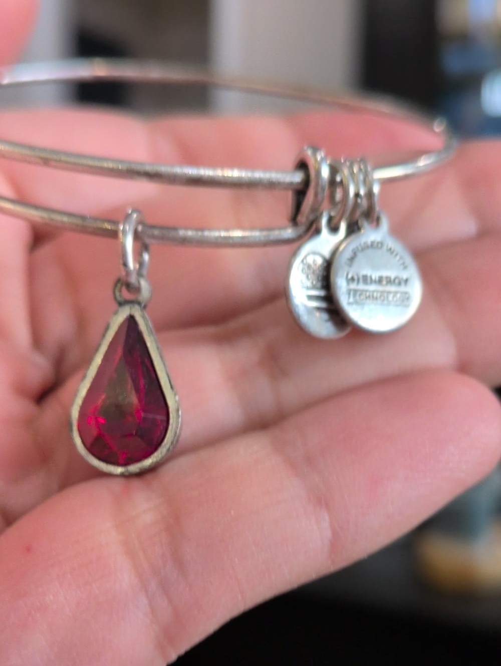 Alex and Ani Silver Expandable Bangle with Teardrop Ruby Red Charm